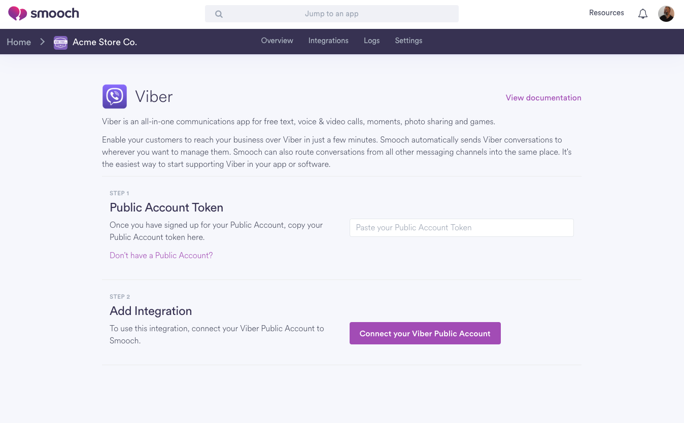 Viber Intergration Page Settings