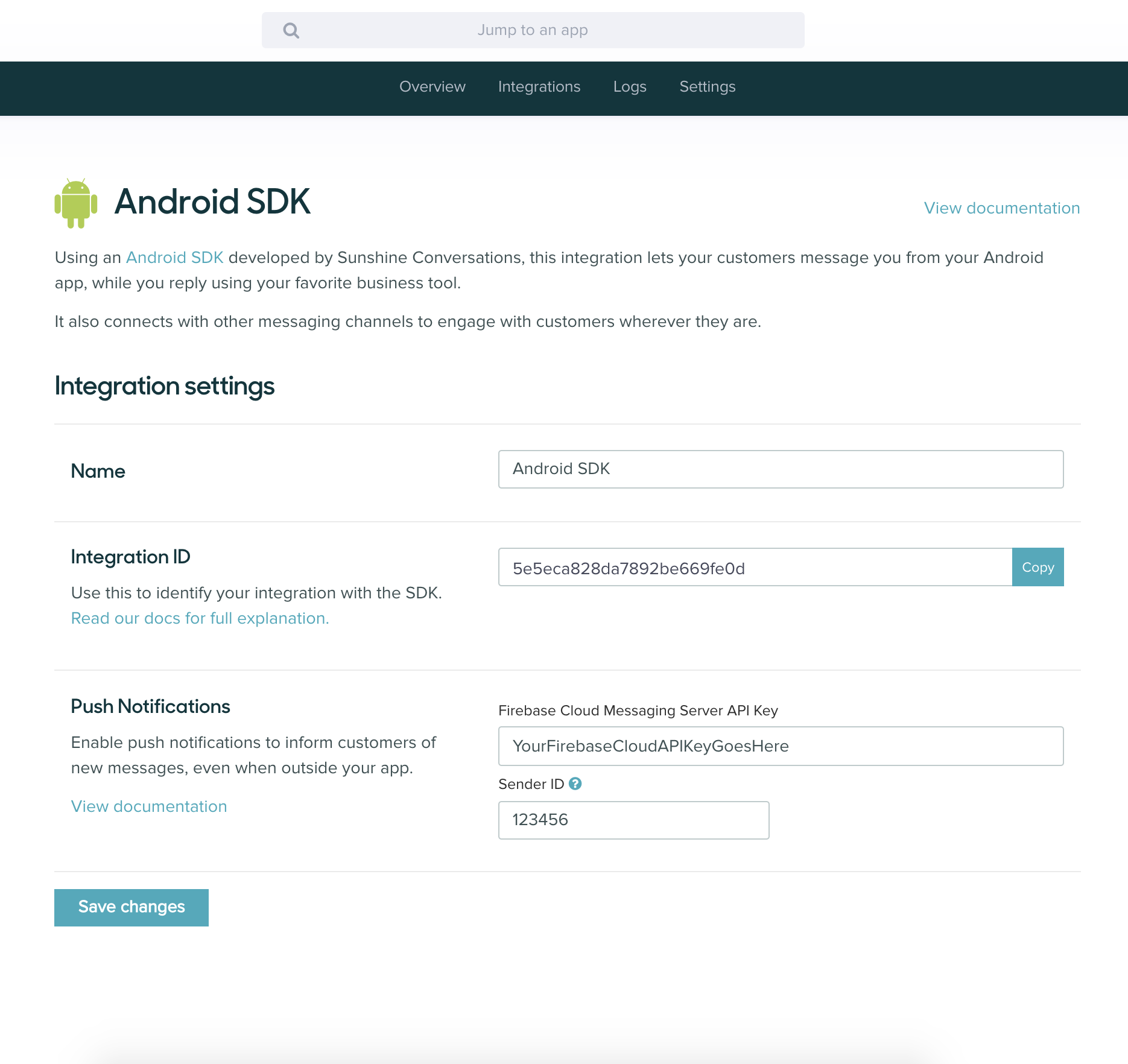 Android Integration ID on Overview Page